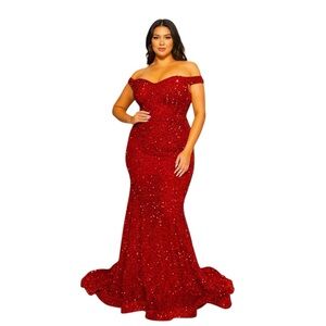 Plus Size Prom Dress, 3XL,  Sequin Maxi Gown - Red